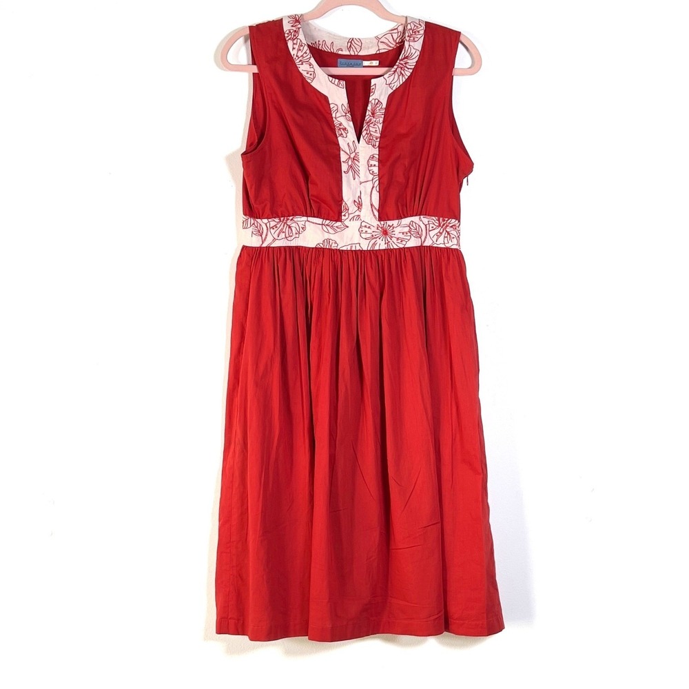 Provence dAmour Empire‎ Waist Sleeveless Midi Dress Womens Sz 6 Red Embroidered